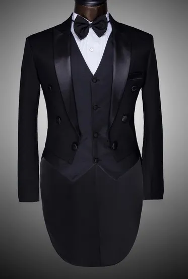 Double-breasted Center Vent Black Tailcoat Groom Tuxedos Morning Style Män Bröllopskläder Män Formell Prom Party Suit (Jacka + Byxor + Tie + Vest) 10