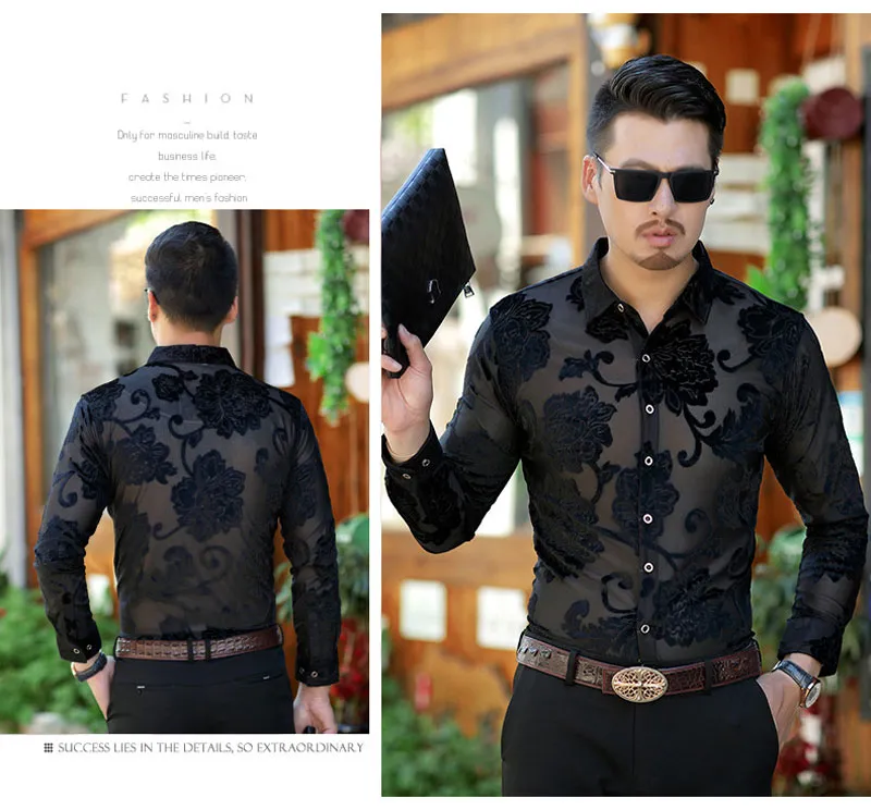 Luxury Transparent Shirt Men Floral Embroidery Lace Shirt For Male Sexy See Through Dress Shirts Mens Club Party Prom Chemise220L