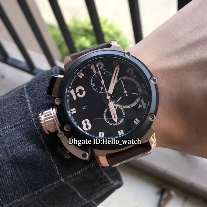 Canhoto barato 50mm U-51 U51 Chimera Bronze 7474 Black Dial Quartz Chronograph Mens Watch Rose Gold Case Pulseira de Couro Stopwatc295K