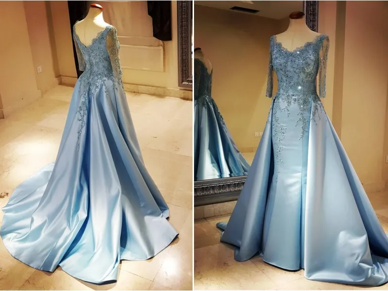 Aftonklänningar 2019 Modest Half Sleeves Prom Klä av axeln Formella Dress Sequins Appliqued Floor-Length Special Occasion Grows