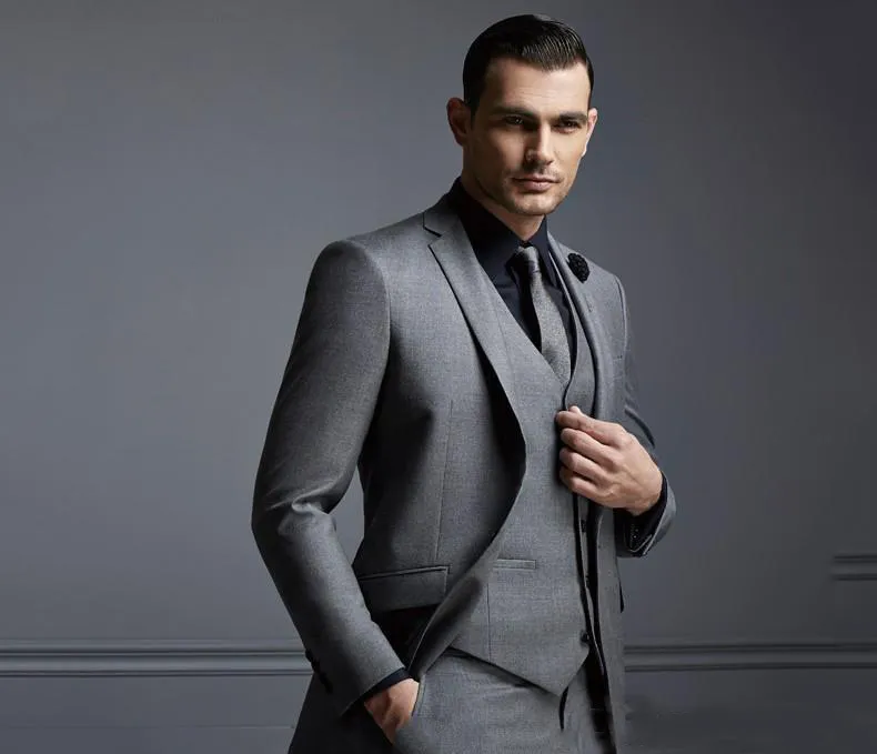 Fashion Grey Mens Suit Groom Tuxedos Formal Man Blazer Men Slim Fit Wedding Suits For ManJacket+Vest+Pants