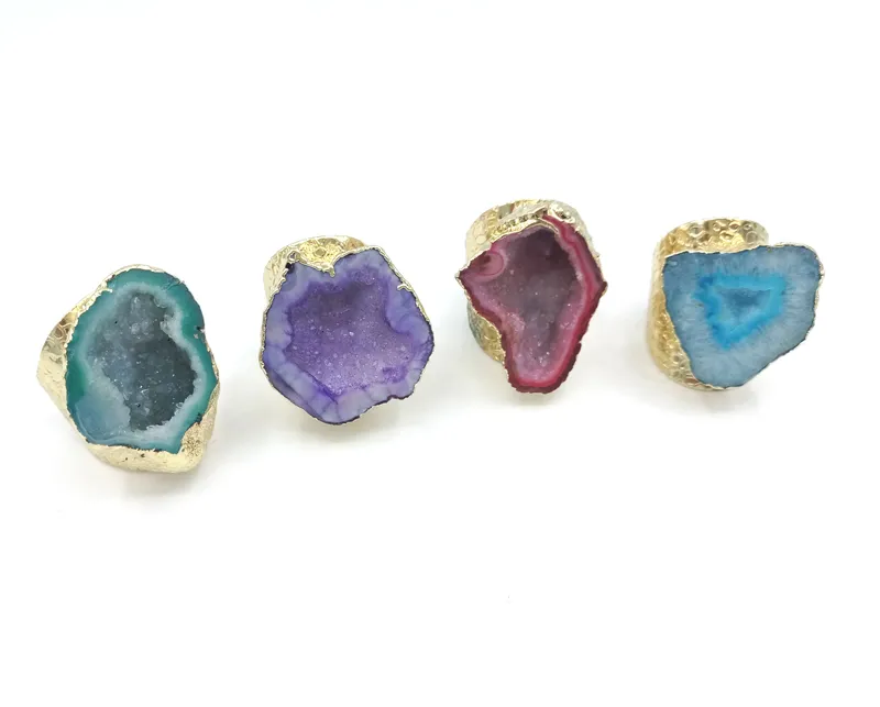 Jln Agate Geode Ring الحرة الحجم الملكي Blue Sparkly Druzy Hollow Agate الأحجار الكريمة بيان الذهب للرجل والمرأة