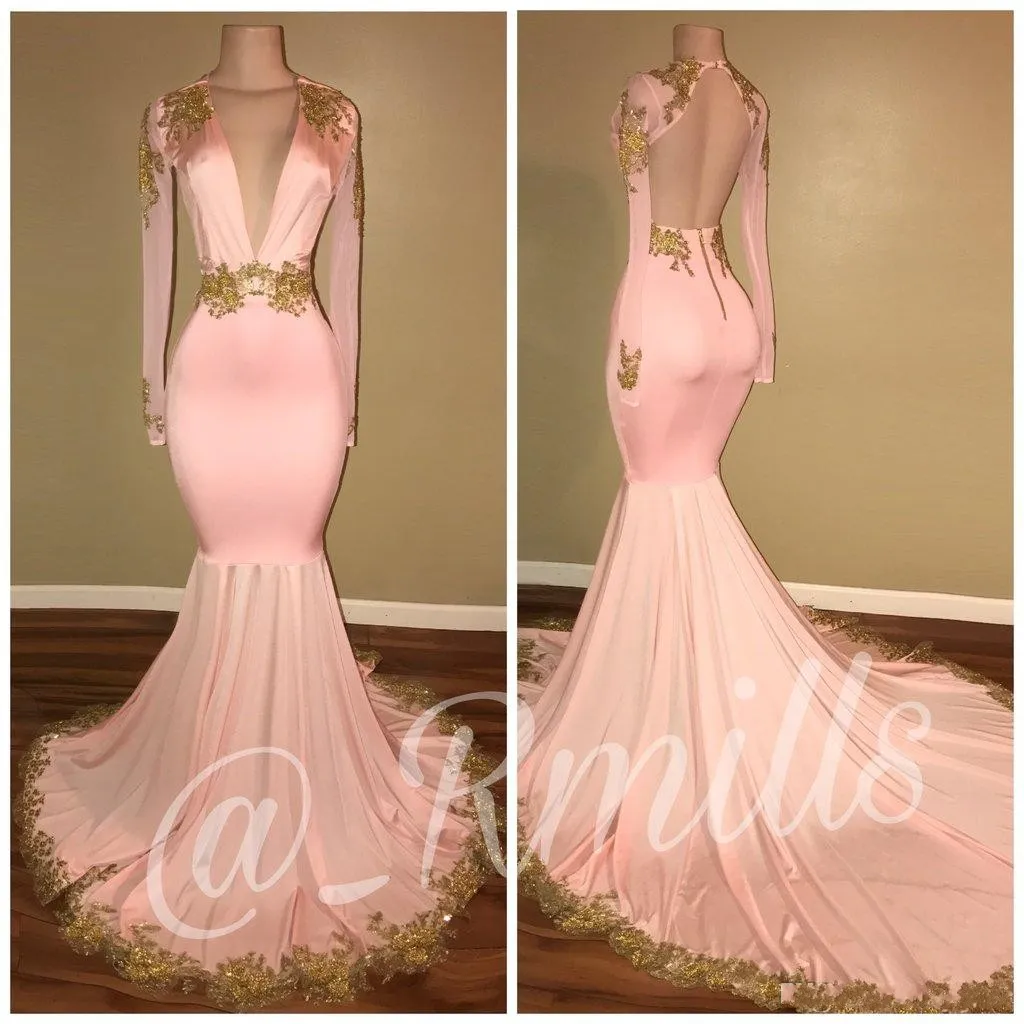 2020 African Mermaid Pink Prom Dresses Sexy Deep V Neck Backless Long Sleeves Gold Appliques Sweep Train Evening Gowns BA7606