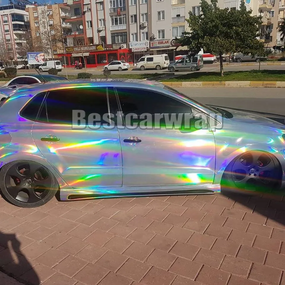 Silver Rainbow Chrome holographic Vinyl Car WRAP FILM Sticker With Air release NeoChrome Whole car covering foil Size:1.52*20M/Roll