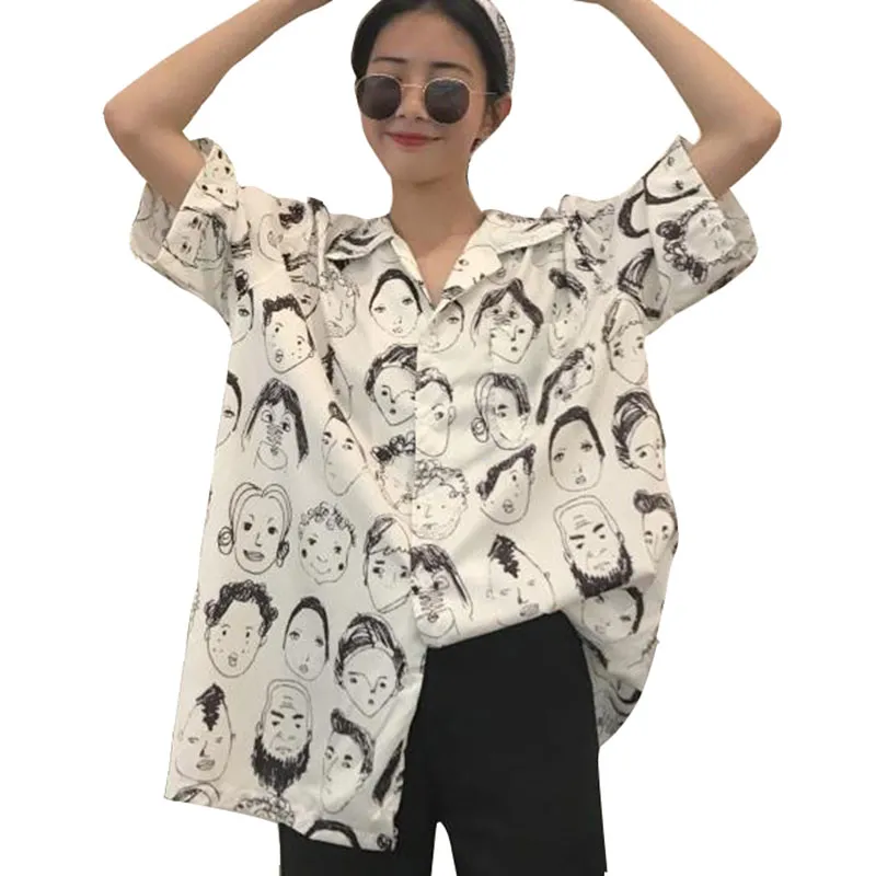 Nowy Hip-Hop Women Casual Japanese Koszula Krótki Rękaw Loosed Beach Koszule Lato Lapel Twarze Drukowane Koszulki Dla Kobiet