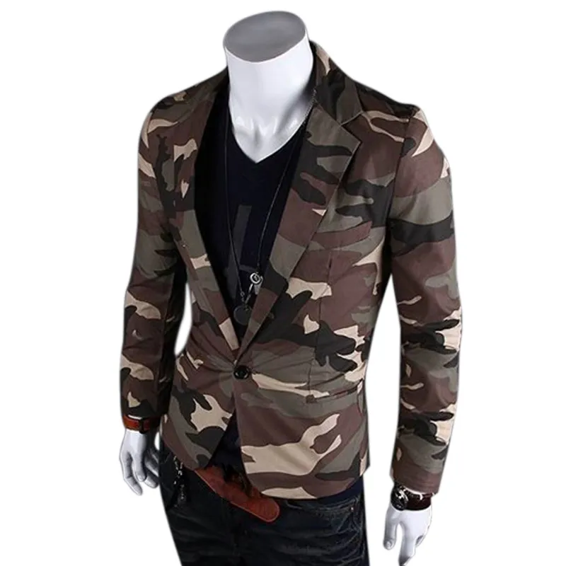 Moda Primavera Homens Blazer Slim Fit Terno Casaco Camuflagem Estilo Casual Botão Casaco Tops -MX8