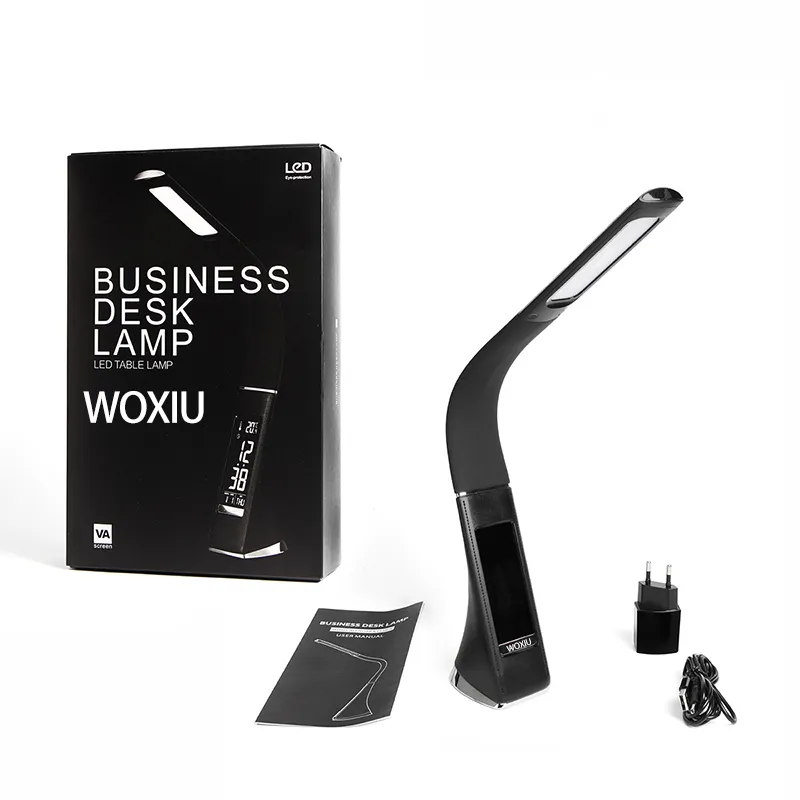 WOXIU 5W LED Augenschutz Tischlampen Designer verwenden Leder, Klapptisch Lampe Alarm Display für Zeitkalender Temperatur Schwarz