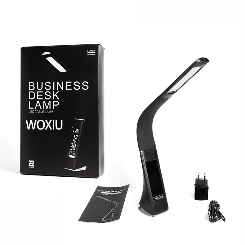 WOXIU 5W LED EYE Protection Table Lampsデザイナー使用時間カレンダーの温度7028423のレザーフォルディングテーブルランプアラームディスプレイSN