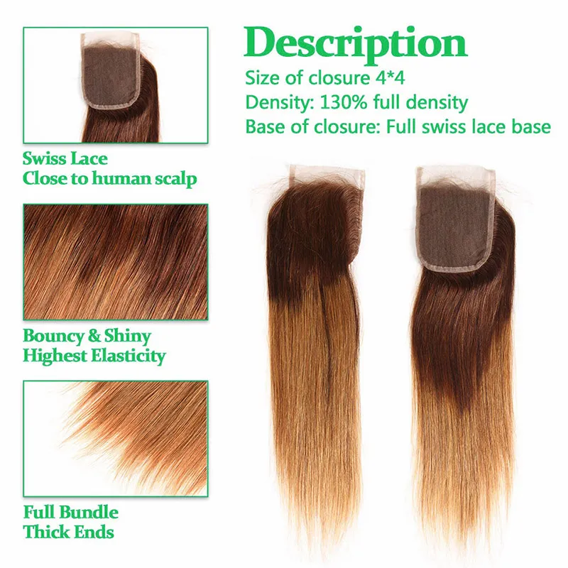 Brazylijskie dziewicze proste włosy splot z zamykaniem Ombre ludzkie włosy z zamykaniem w kolorze dwóch tonów 430 blond ludzkie włosy 5708204