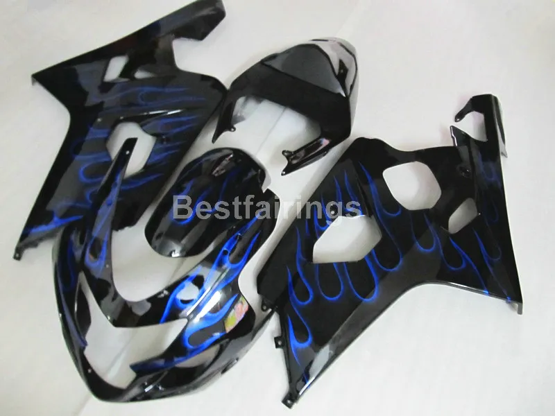 Gratis Custom Fairing Kit för Suzuki GSXR600 GSXR750 2004 2005 Svart Blå Flames GSXR 600 750 K4 K5 Fairings SA23