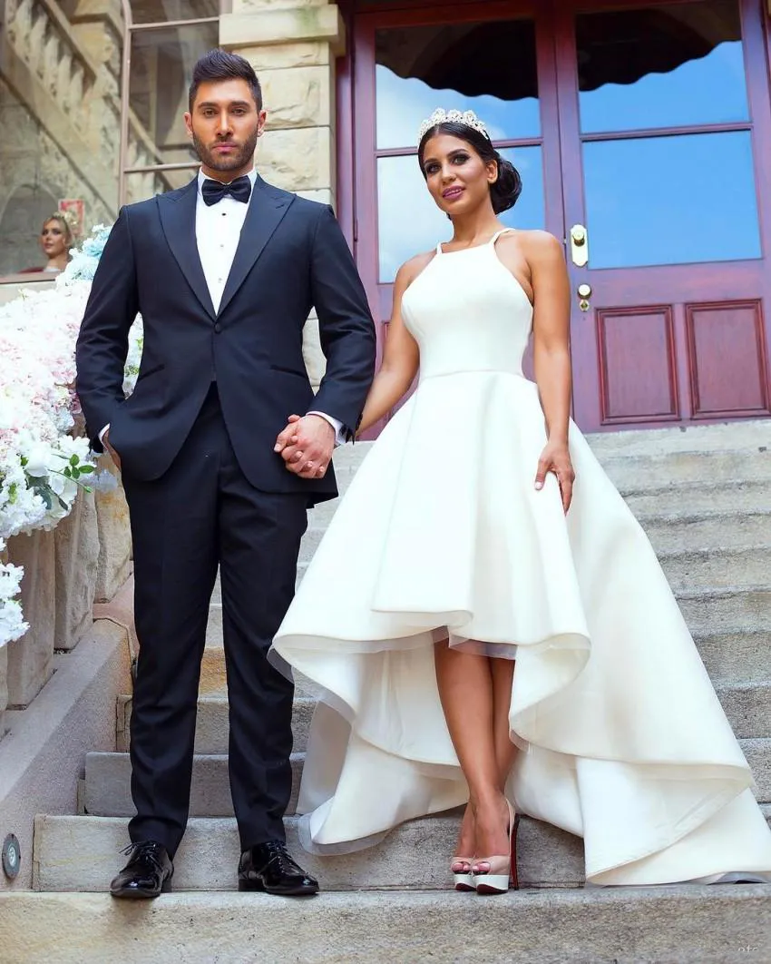 Modest Wedding Gowns A Line High Low Halter Neck Occasion Party Dresses Satin Bohemia Bridal Gowns
