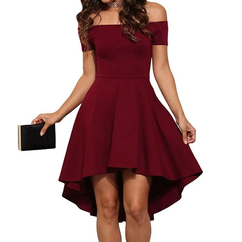 Sexy Off the Shoulder Asymmetrical Hem Summer Dress 2019 Women Elegant Solid Slash Neck Dress Tuxedo Plus Size