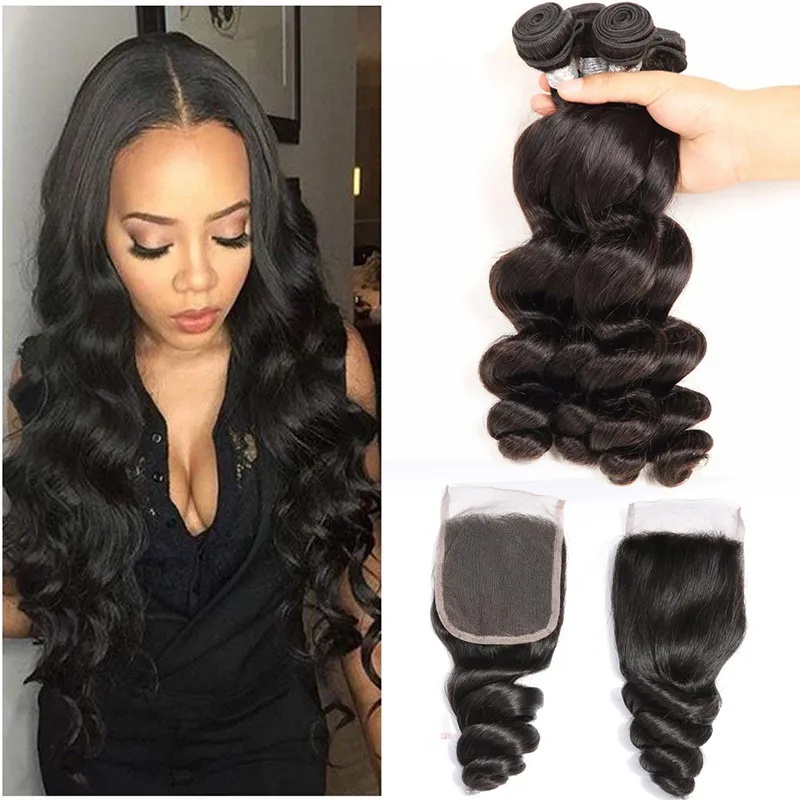 Peruvian Unprocessed Human Hair 3 Bundles With 4X4 Lace Closure Loose Wave Virgin Hair Extensions With Closure 8-28inch