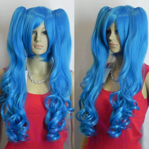 Cosplay Vocaloid Hatsune Miku 2Clip Ponytails blue curly synthetic party WIG