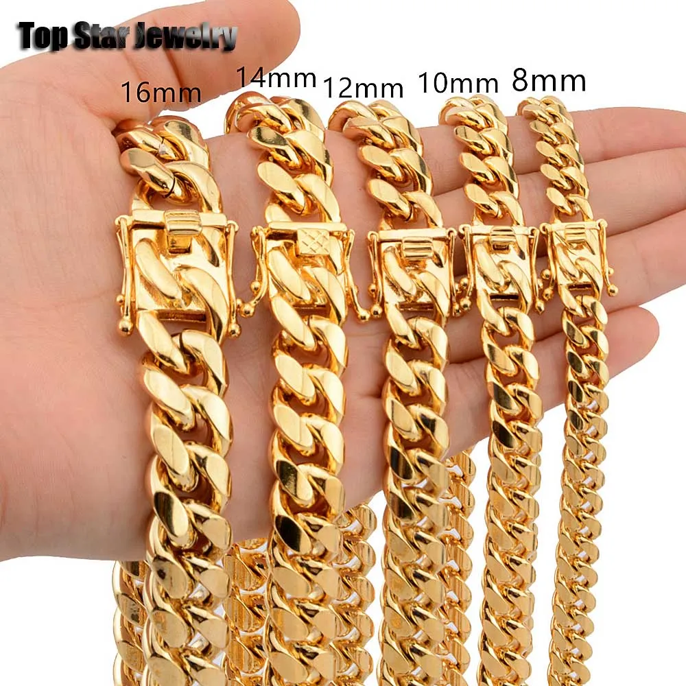 8mm/10mm/12mm/14mm/16mm Stainless Steel Jewelry 18K Gold Plated High Polished Miami Cuban Link Necklace Men Punk Curb Chain Butterfly Clasp