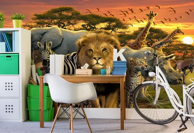 papel de parede mural a gran escala sin costuras 3D personalizado mural de la foto Wallpaper elefante a la luz del sol cebra león jirafa animal pared de fondo infantil