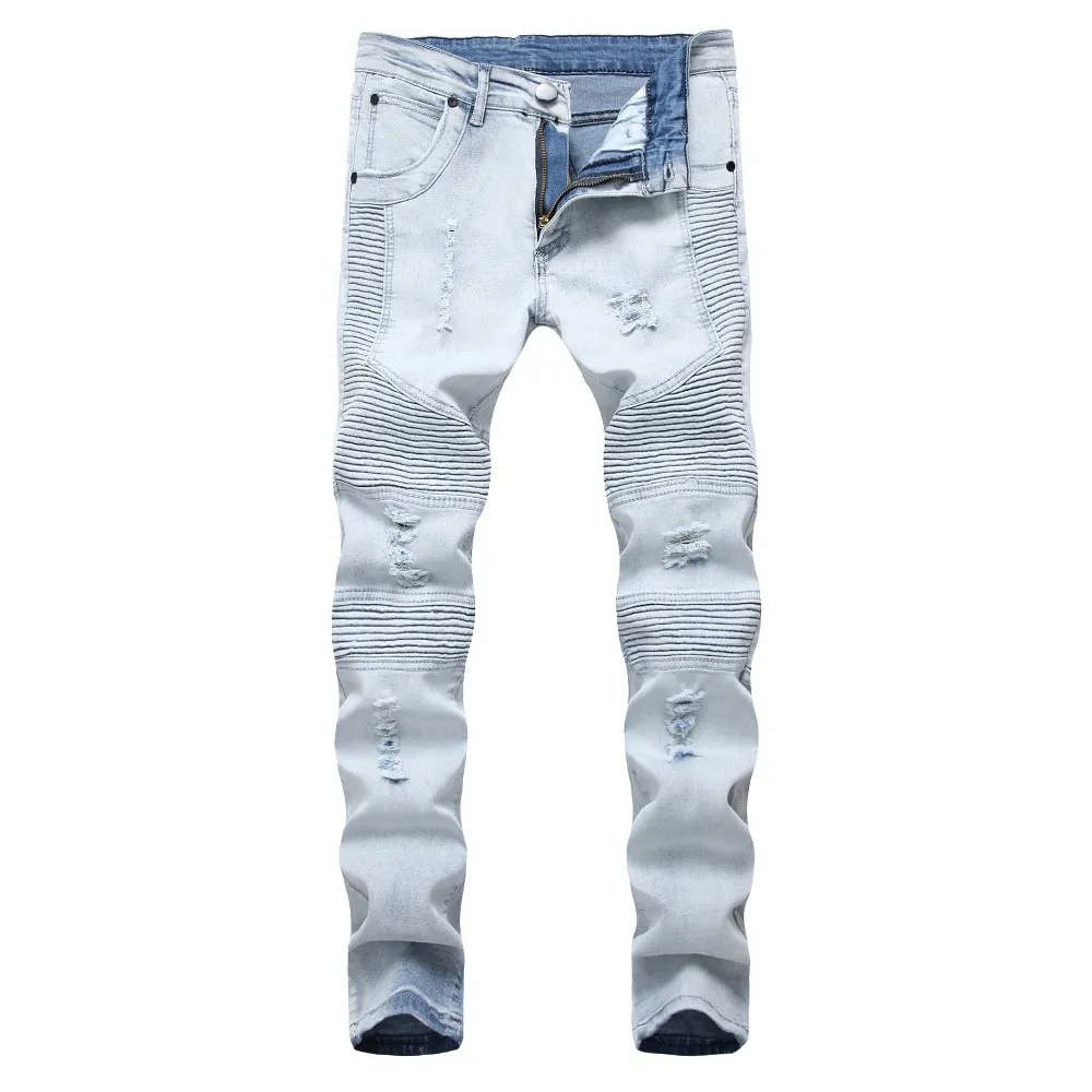 Moda 2018 Autunno Inverno Jeans Uomo Lavaggio Denim Abbigliamento uomo 2018 Jeans da motociclista distrutti con foro strappato sottile azzurro