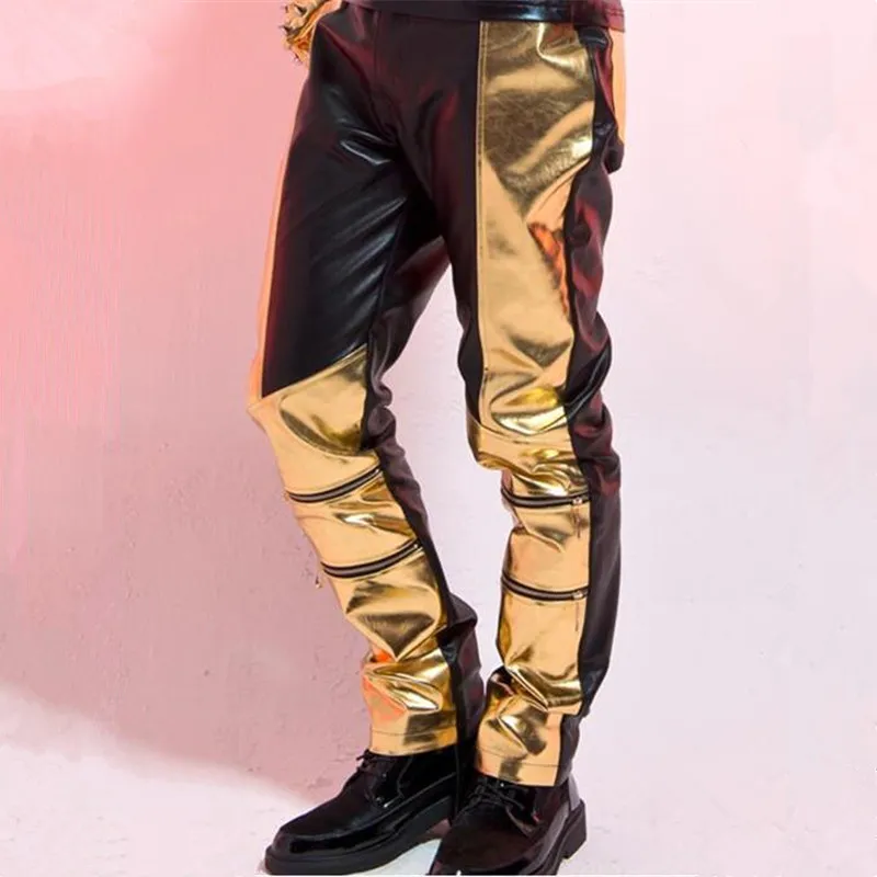Gold And Black Leather Pants Men Slim Fit | DHgate