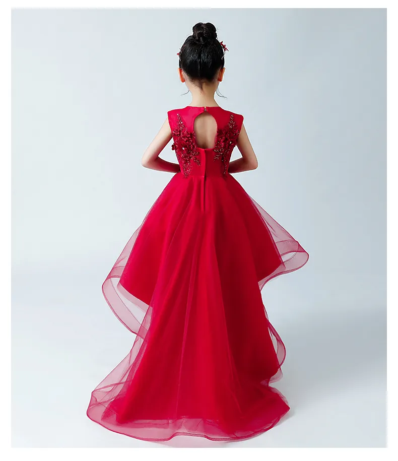 빨간색 높은 낮은 3 차원 결혼식을위한 꽃 파는 소녀 복장 페르시 아산 된 미식가 드레스 가운 허리 Organza 키즈 댄스 파티 드레스