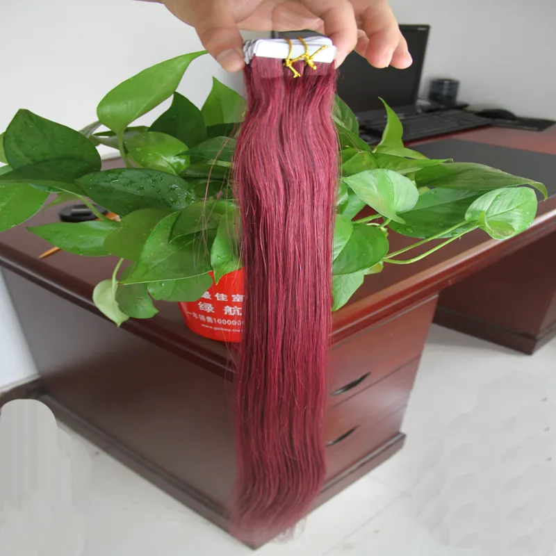 99J Czerwone wino Prosto PU Skin Wątek Remy Hair 100g 40 sztuk Taśma w ludzkich przedłużeniach włosów