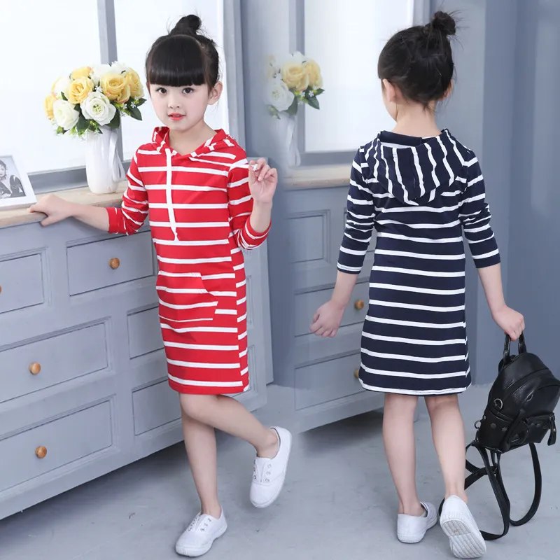 Girls Dress 2018 Newest Spring Autumn Hooded Long Sleeve Kids Dress Toddler Children Casual Clothing Striped Tutu Baby Fashion Dresses Girls