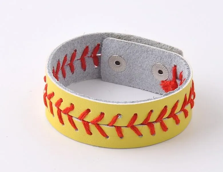 2018 n brazalete deportivo de béisbol de softball: brazalete de cuero de béisbol real, cuero de softball amarillo con costuras rojas, béisbol de cuero