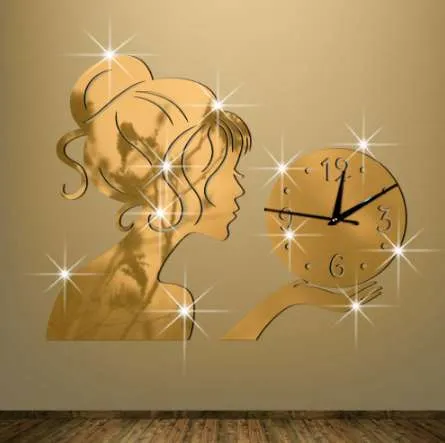 Billiga väggklocka Klockan på väggen Originality Mode Technology Mirror Girl Spegel Klistermärken Clocksandwatches Väggklistermärkear