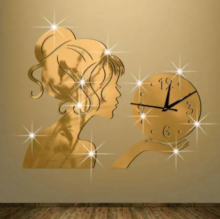 Cheap Wall Clock The Clock on the Wall Originality Fashion Technology Mirror Girl Mirror Stickers Clocksandwatches Wall Stickers