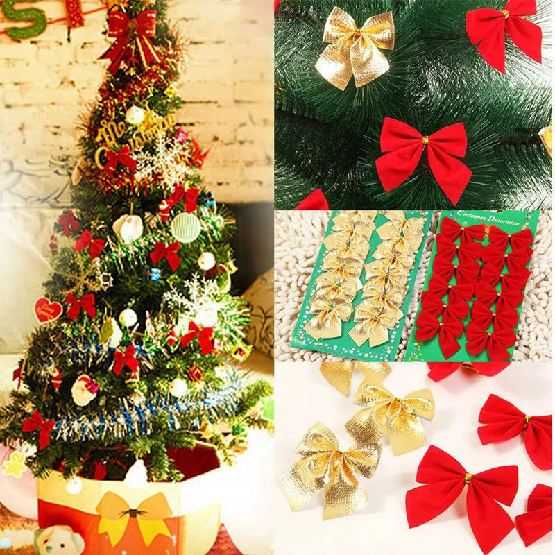 12 pçs / set natal bowknot decoração de prata de ouro vermelho ornamento da árvore de natal pendurado arco festival decoração do partido suprimentos