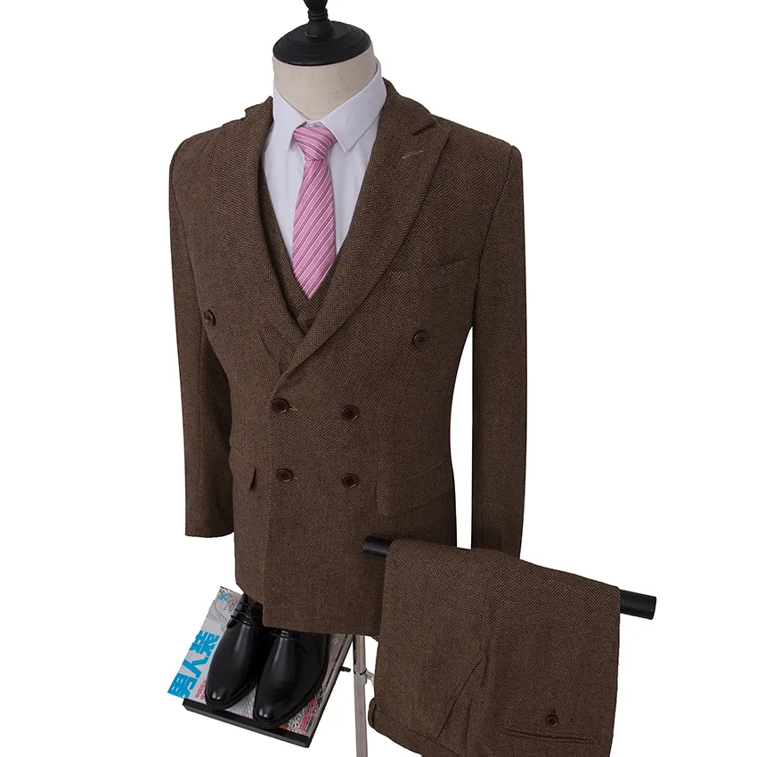 Brown Groom Tuxedos Double Breasted Wedding suit Harringbone Blazer for Groomsman Suit Custom Made Man Suit (Jacket+pants+vest)