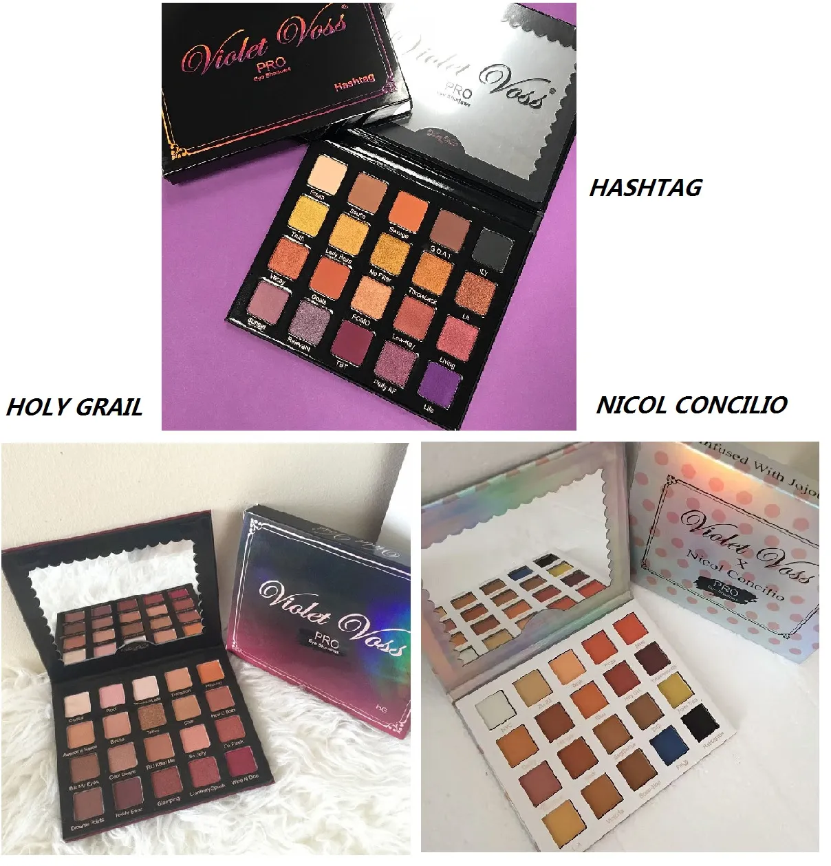 바이올렛 Voss Hashtag/Holy Grail/Nicol Concilio Pro Eyeshadow Palette 한정판 자연스러운 압박 눈 안료 그림자 화장품 무료 배