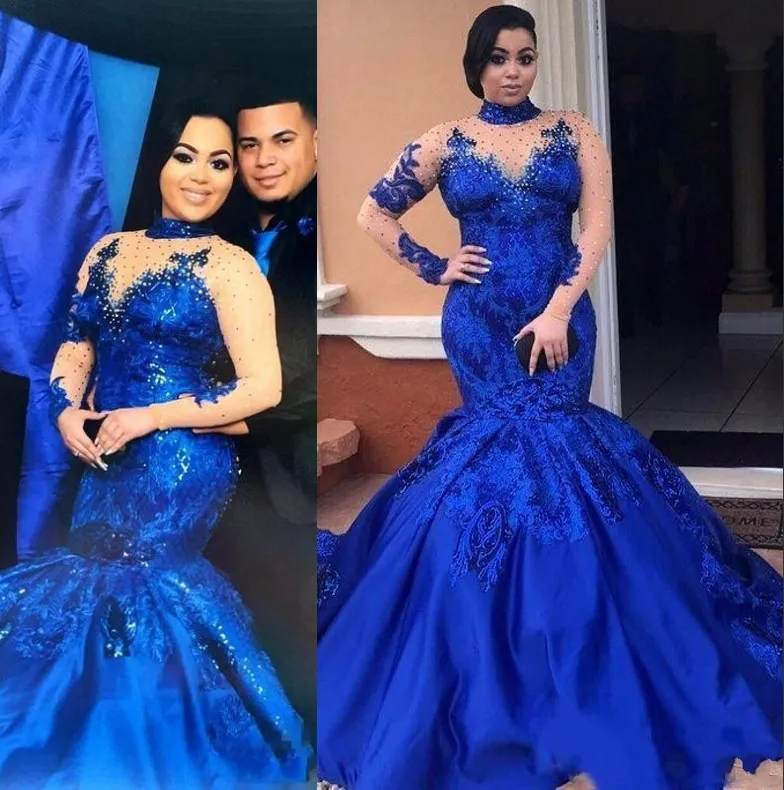 Arabia Saudyjska Royal Blue Prom Dresses Wysokiej szyi Nude Mesh Plus Size Długie Rękawy Suknie Wieczorowe Satin Mermaid Forma Women Party Wear