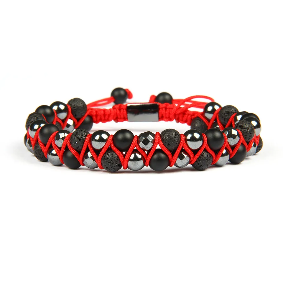 Bracciale da uomo doppio con perline grezze 6mm ematite pietra lavica perline braccialetti macramè bel regalo per gli uomini