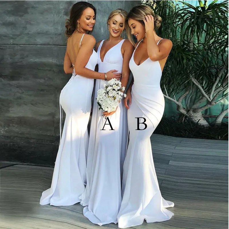 White Mermaid Bridesmaid Dresses V Neck Spaghetti Straps Satin Backless Long Bridesmaid Gowns Sexy Wedding Guest Dresses