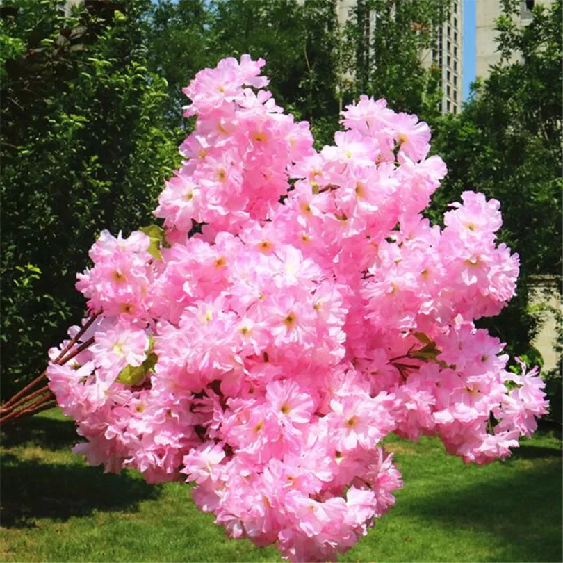 Fake Cherry Flower Branch Flower Begonia Sakura Tree Stam med grönt blad 108cm för konstgjorda dekorativa blommor