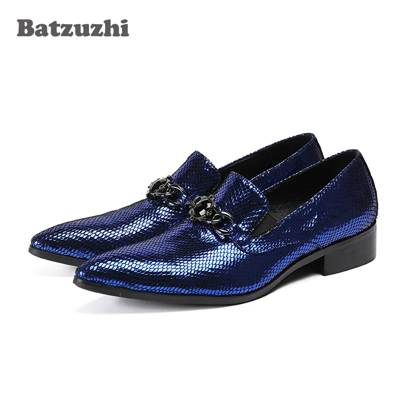 Italienska Luxury Mens Skor Poined Toe Blå Läder Klänning Skor Män Mode Designer Flats Oxfords Zapatos Hombre, US6-12