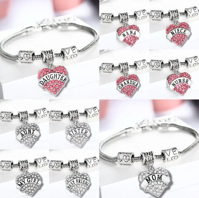 DHL Diamond Love Heart Bracelet Cristal Membre de la famille Maman Fille Grand-mère Enseignant Croyez Foi Espoir Meilleur Ami pour Femmes Cadeau de Noël