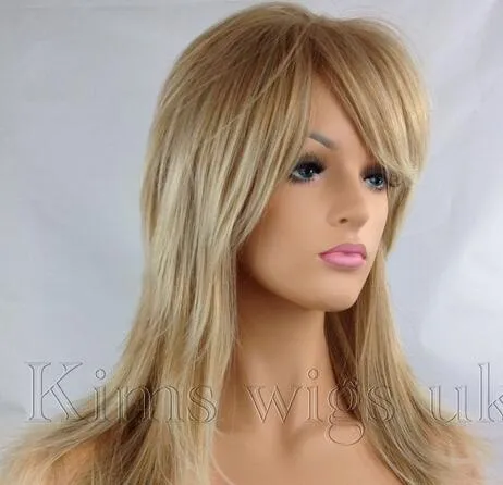 PARRUCCA COMPLETA PER CAPELLI DA DONNA E DONNA 2 TONI BIONDO FLICK A STRATI LUNGHI B95 KIMS WIGS UK