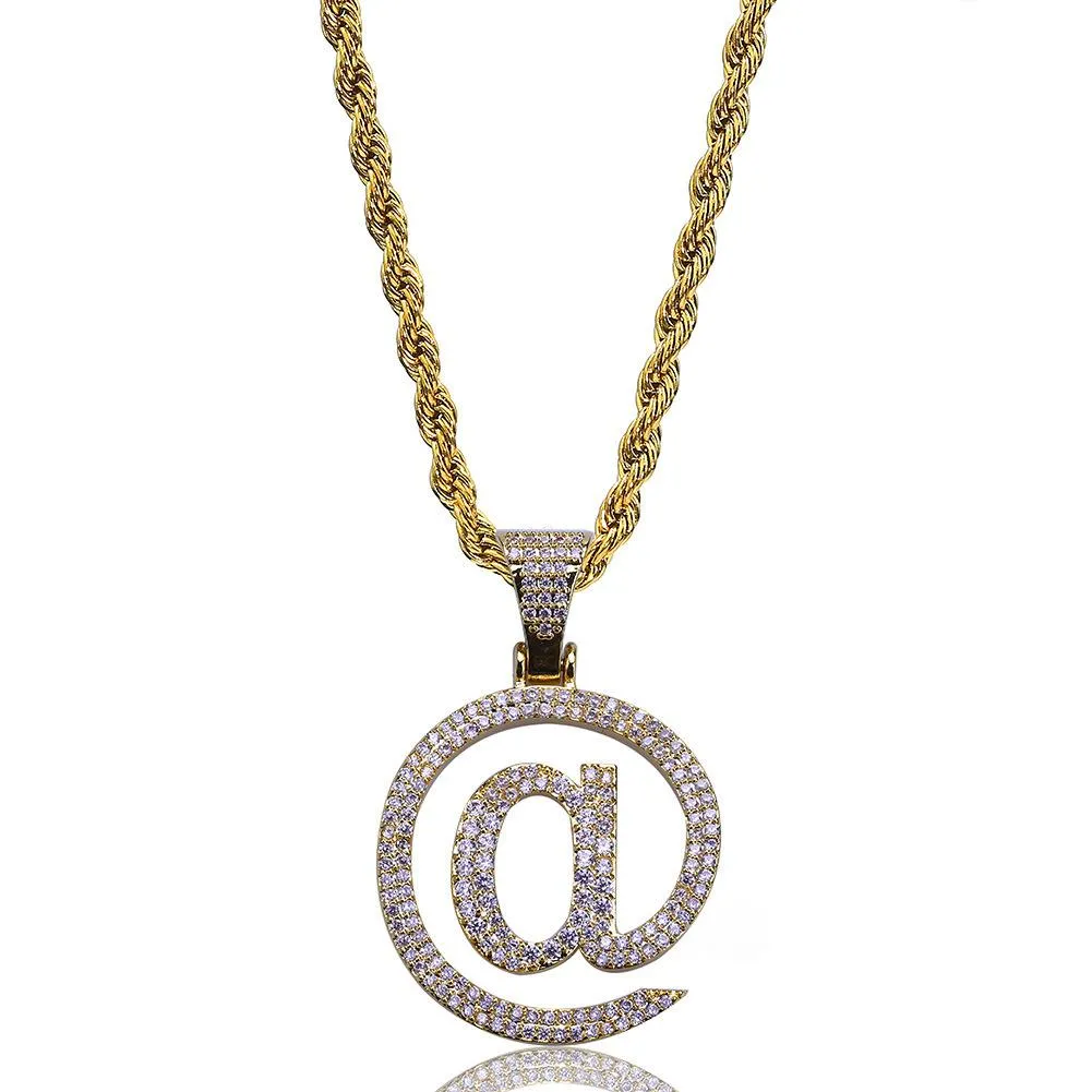 Or/argent couleur plaqué glacé Micro pavé Zircon cubique @ lettre pendentif collier HipHop Rock bijoux pour hommes et femmes