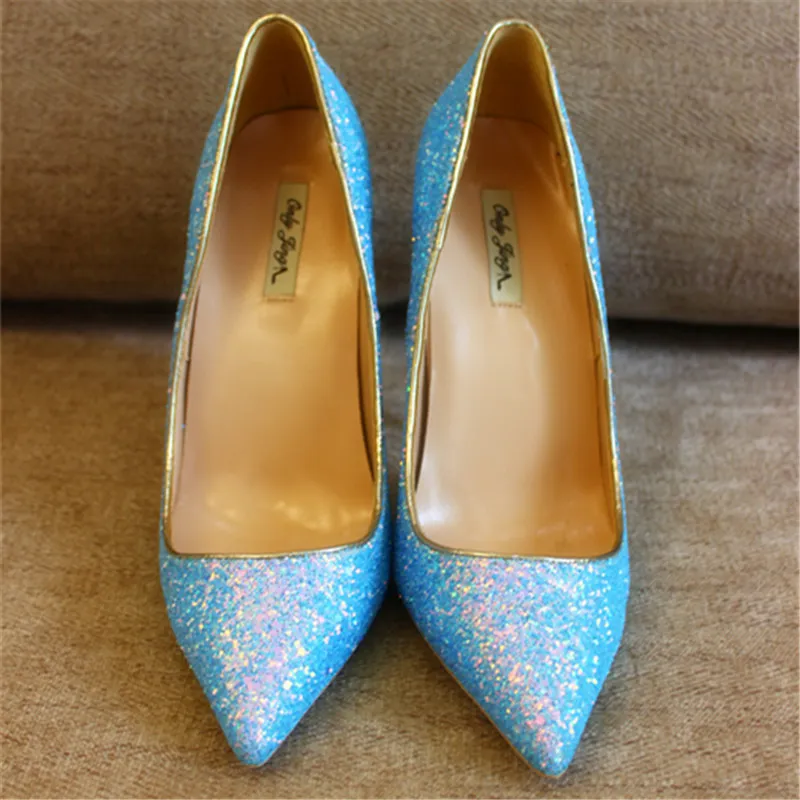 Fashion women Blue Glitter strass point toe shoes high heels thin heeled shoes pumps genuine leather 10cm Big size size 33-43