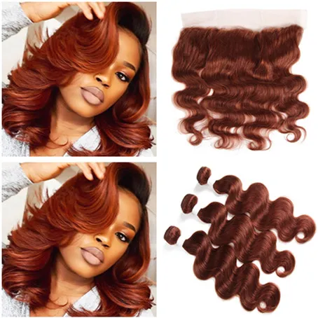 Copper Red Virgin Brazylijski Human Hair Wiązki z Frontals Ciała Fala # 33 Dark Auburn 13x4 Full Lace Frontal Zamknięcie z wiązek splot