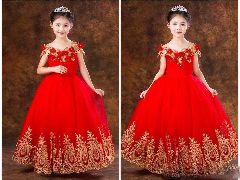 Vestido De Tul Rojo Y Apliques Para Niñas Vestidos Con Descubiertos Hasta El Suelo Princesa Vestidos De Niña De Flores De Cumpleaños Para Niñas De 94,94 € | DHgate