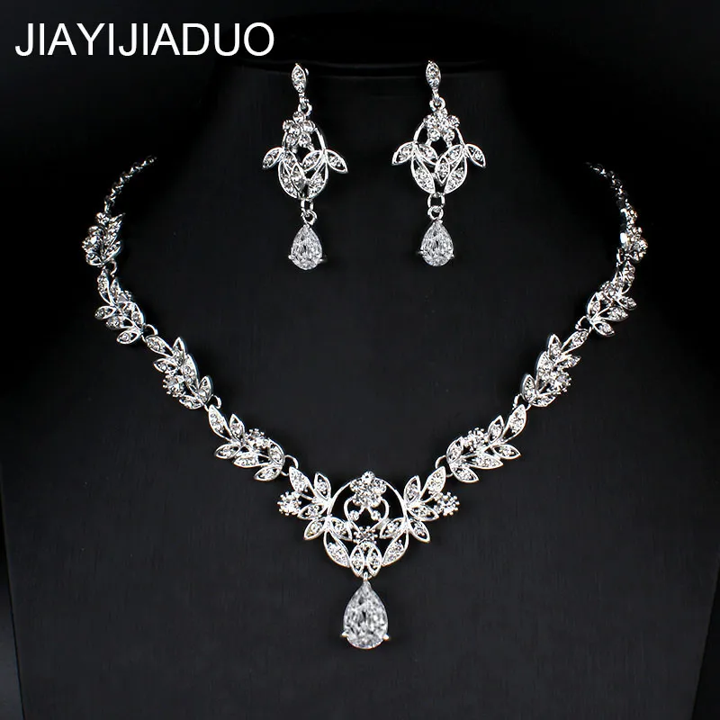 Jiayijiaduo Cubic Zirconia Bridal Sieraden Sets Blad-Shape Crystal Rhinestone Party Bruiloft Sieraden Ketting Sets 2018 NIEUW