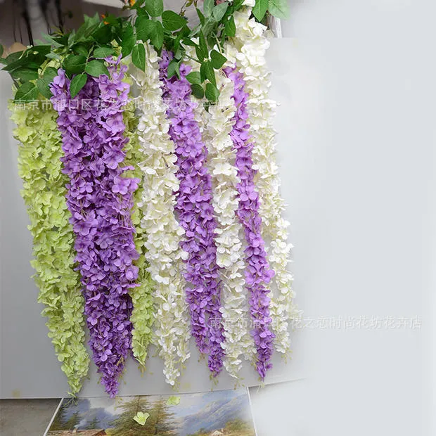 10 stks / partij 3 Vorken Elk stuk Wisteria Vine Upscale Hydrangea Bloem String 10 Kleuren Beschikbaar voor Bruiloft en Woondecoratie Gratis verzending