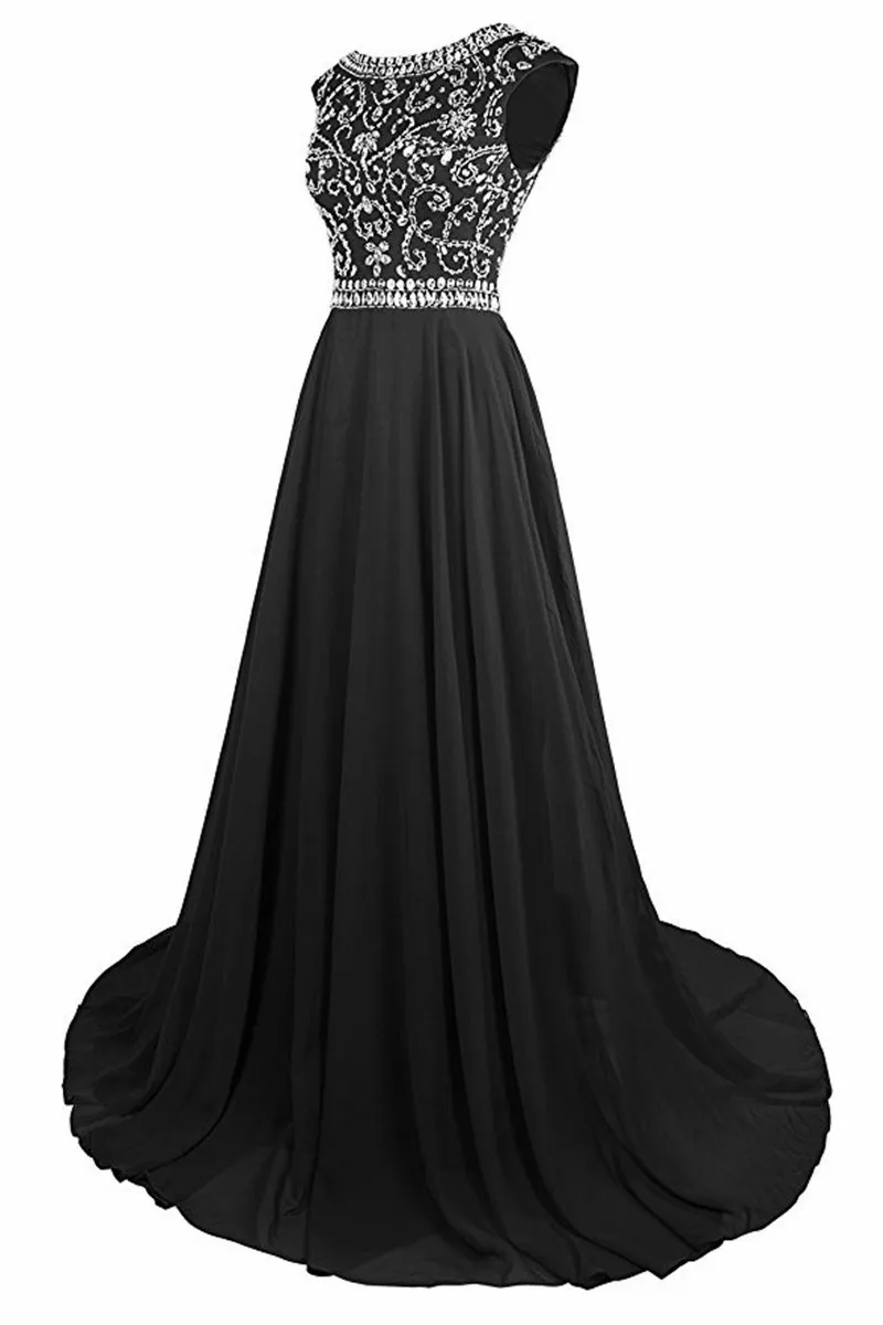 2018 vestido longo para formatura varm försäljning svart chiffong långa kväll klänningar rhinestones backless klänningar för prom