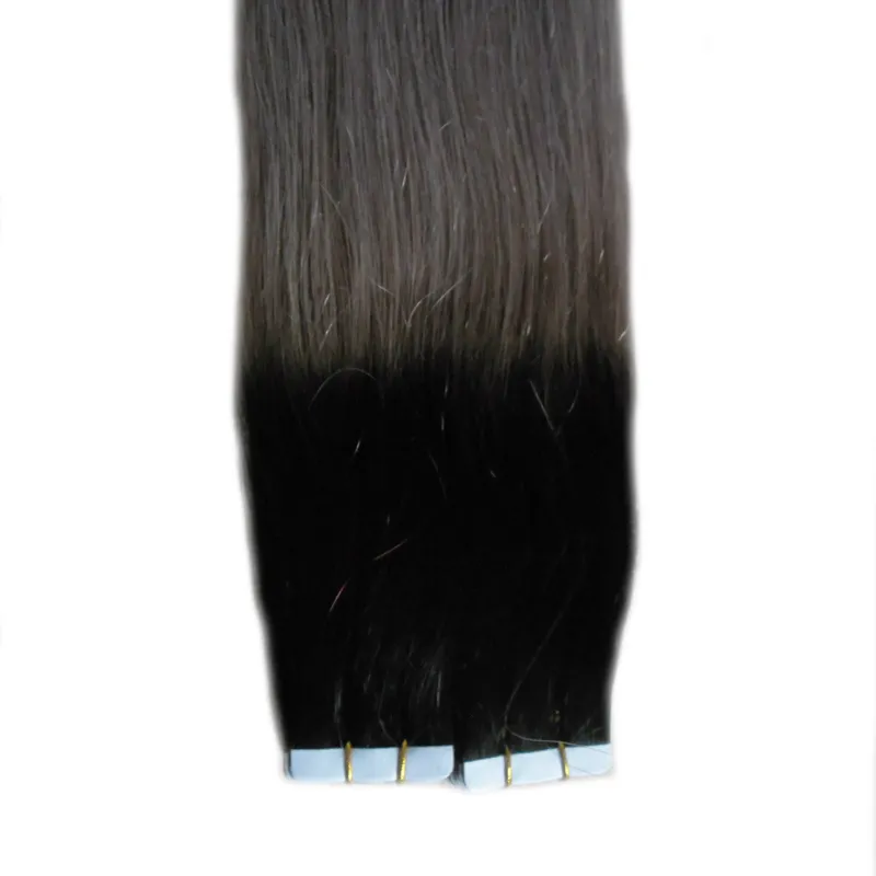 Extensions de bande de trame de peau ombrée gris argenté 1B 100G cheveux gris droits 40 pièces bande PU dans les extensions de cheveux humains 8191684