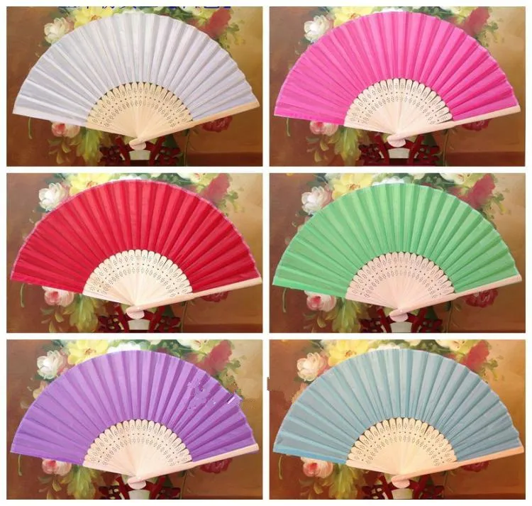 Pequeño ventilador plegable de seda plana Favor de la boda Fan Bamboo Programa de bricolaje Damas Fans de la mano Artesanía china 6 pulgadas 10pcs/lote