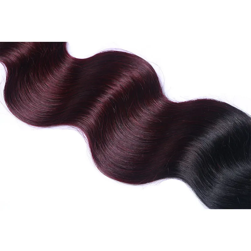 Vente d'articles Ombre cheveux colorés rouge foncé 4 paquets vague de corps 1B99J brésilien vierge armure de cheveux humains paquets colorés Extens6002375