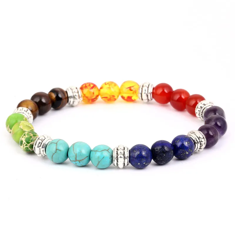 Hot 7 Chakra Armband Män Healing Balance Beads Chain Reiki Buddha Bön Agate Tiger Natural Stone Bangle för Kvinnor Mode Smycken