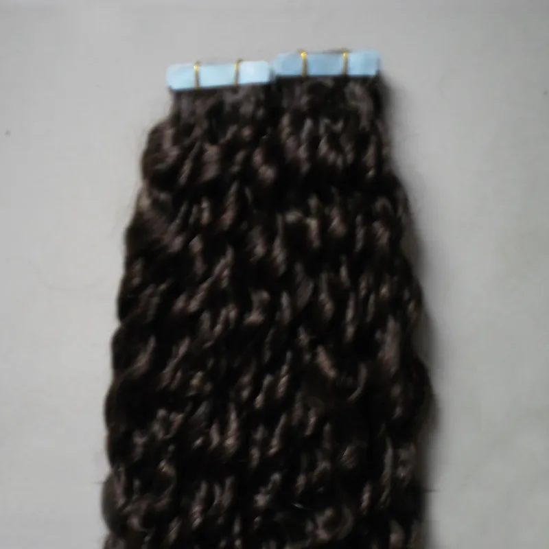 #2 Darkest Brown afro kinky curly tape in human hair extensions 100g brazilian curly virgin hair Skin Weft Hair